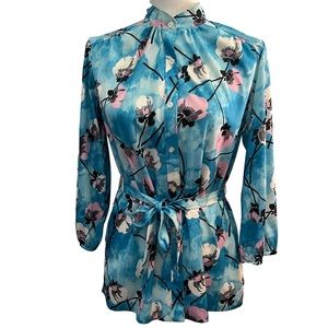 1960s 1970s psychedelic mod floral belted top balloon sleeves vintage